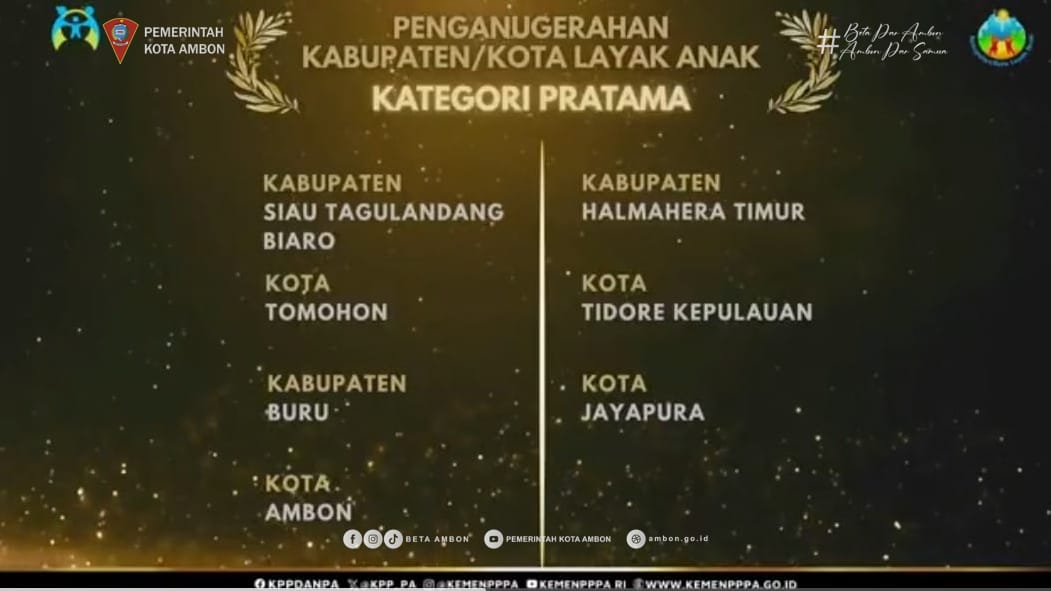 Pemkot Ambon Raih Predikat Kota Layak Anak  Pratama